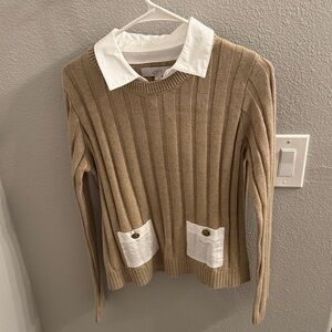 LOFT Tan Ribbed Sweater with White Collar and Pockets